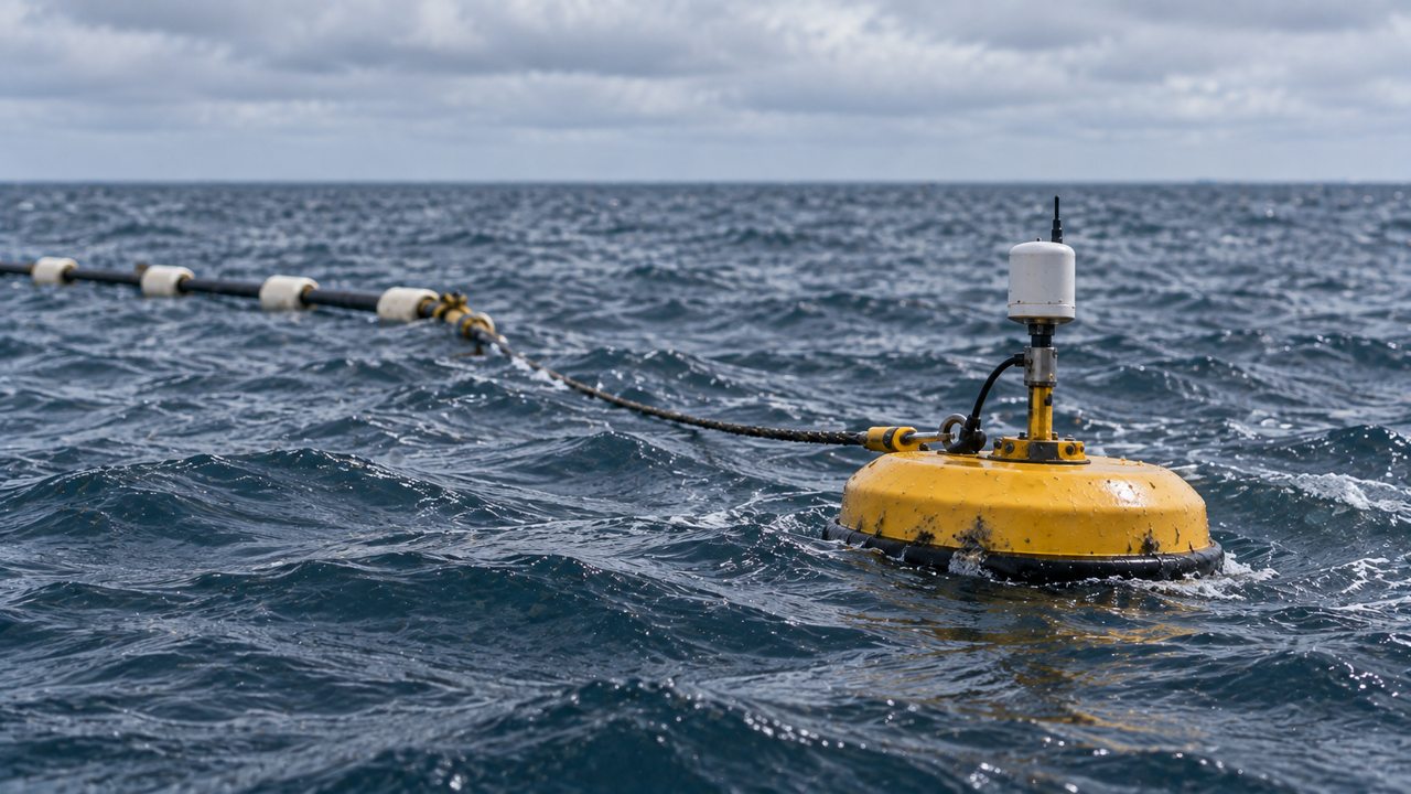 Concept yellow monitoring buoy with a mast and antenna riding the waves near the floating line.