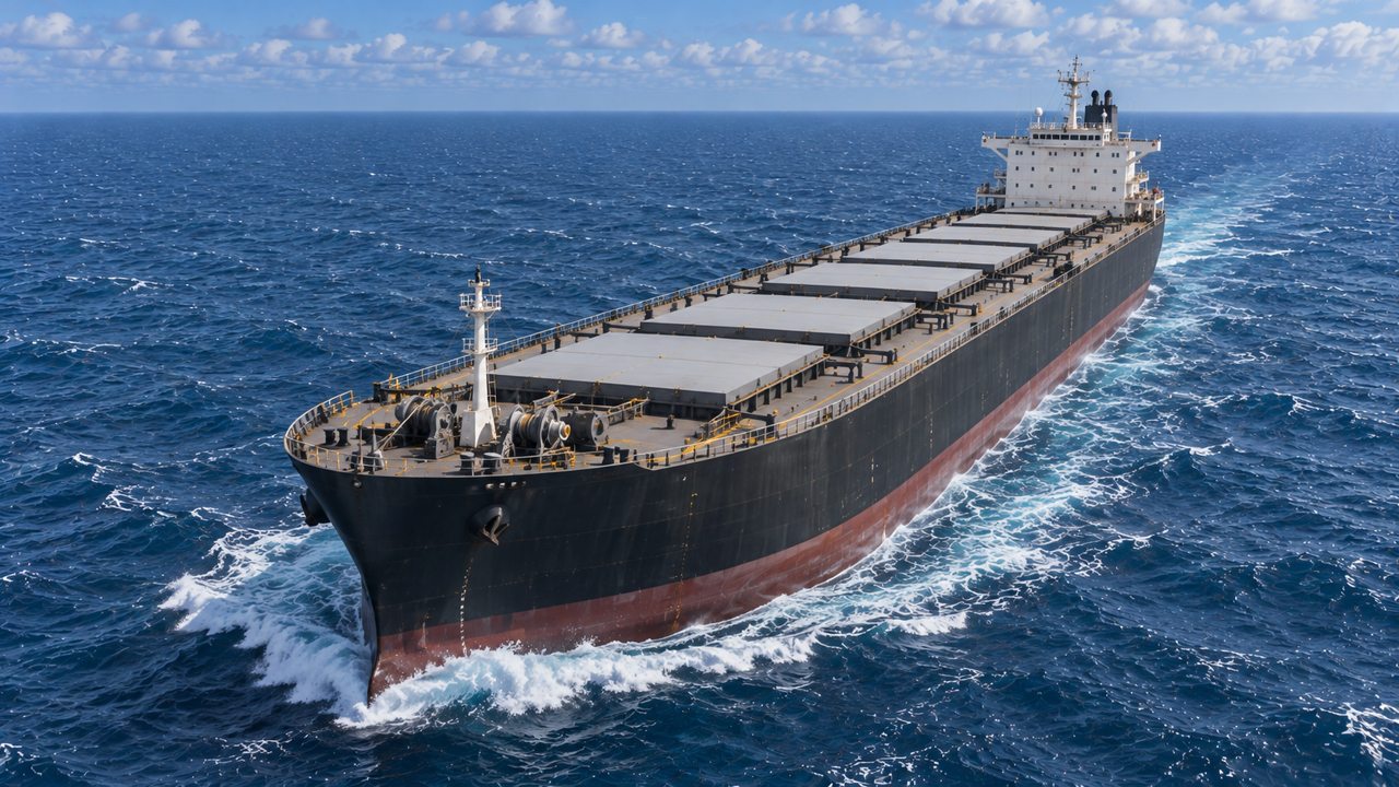Front-quarter view of the concept bulk carrier with its cargo hatch covers closed.