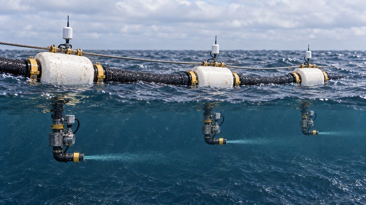 Split-level concept rendering of three floating modules with vertical feeds and horizontal submerged outlets releasing liquid into seawater.