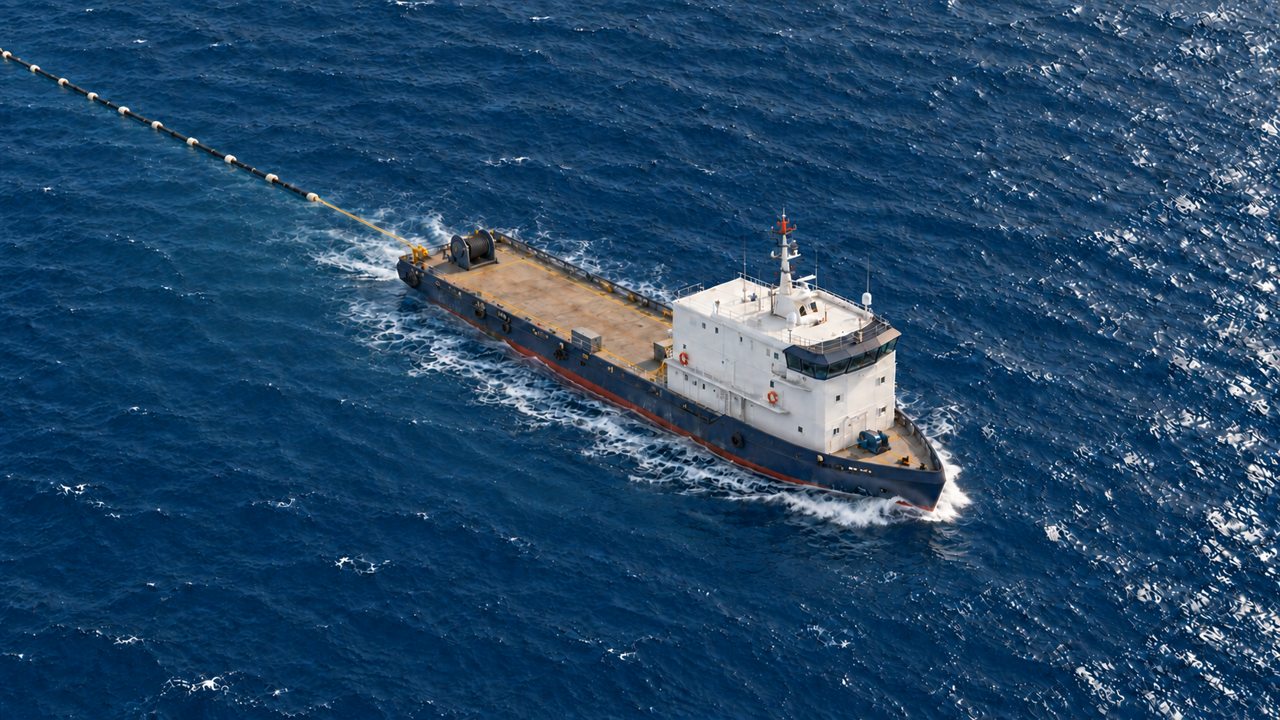 Support vessel with an open working deck and a floating line trailing from its stern.