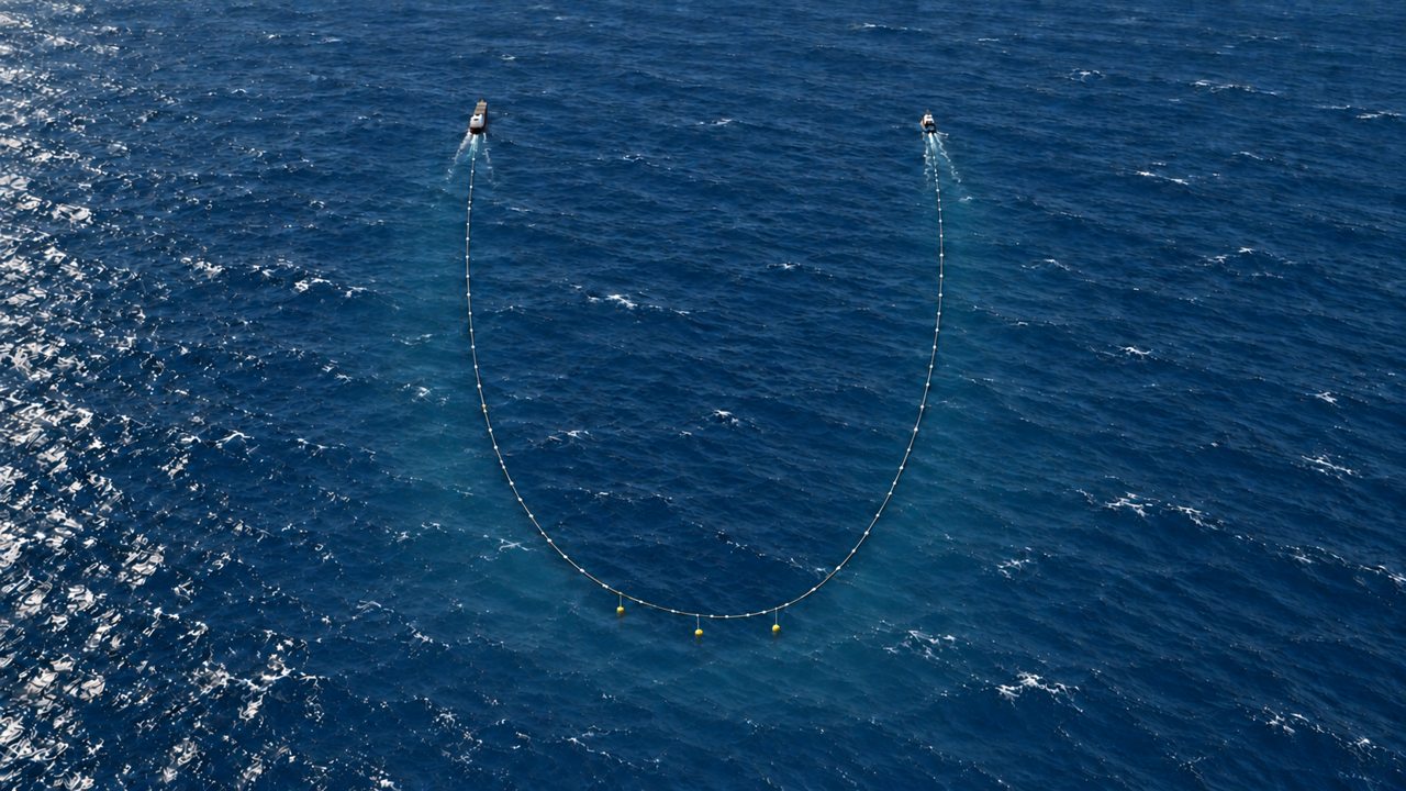 High aerial concept view showing the two separated vessels connected at their sterns by a long, curved floating hose.